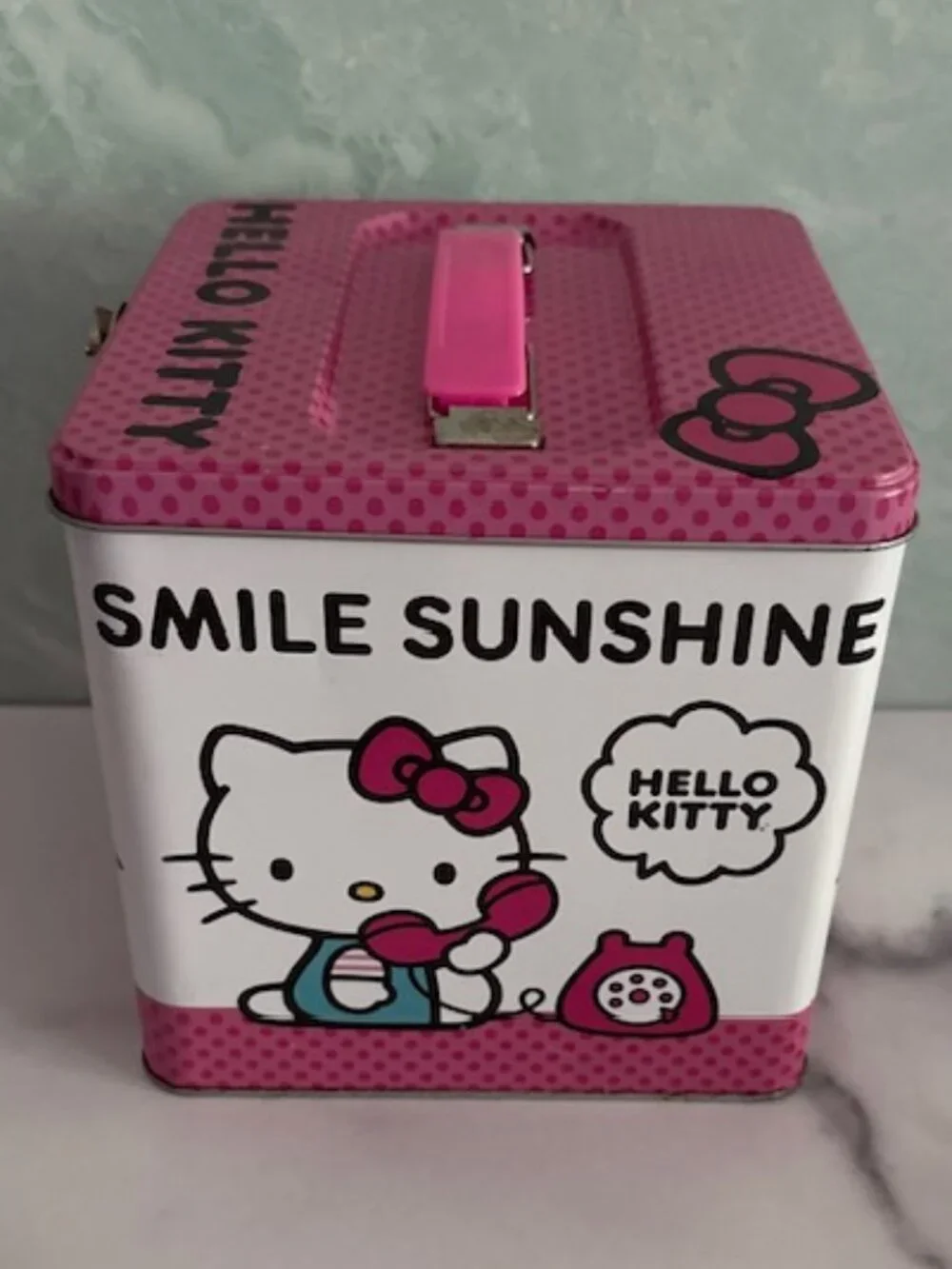 HELLO KITTY Tin Box Adorable Smile Sunshine Storage Kids Room Office Kitchen